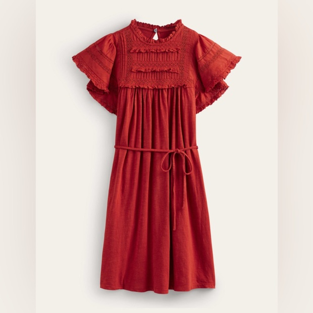 Boden Ruffle Trim Detail Jersey Mini Dress Tomato Red Cotton Blend High Neck 10R - Picture 2 of 10
